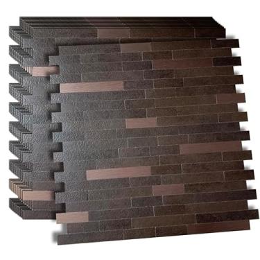 Imagem de YMMXGE 10 peças de azulejos de textura de madeira e pedra de backsplash para descascar e colar, adesivo de parede de metal PVC, painéis decorativos de parede para cozinha e sala de estar (marrom +