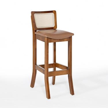 Imagem de Banqueta Alta em Madeira com Encosto em Rattan Portugal Estofada Impermeável Caramelo L85 RMI