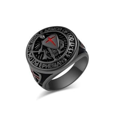 Imagem de RGEMCY Cavaleiros Templários Put On The Whole Armor of God Efésios 6:13-17 Cruz Vermelha Design Masculino Aço Inoxidável Sinete Cristão Anel Preto, Metal, Sem pedra preciosa