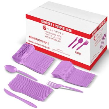 Imagem de PLASTICPRO Conjunto de talheres de 1000 peças de garfos, colheres e facas de plástico roxo, pacote variado de talheres coloridos descartáveis para festa, escritório em casa