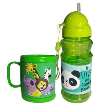 Imagem de Kit Escolar Garrafa E Caneca 3d Plástica Infantil Emborrachada Alto Relevo Canudo Silicone (Verde)