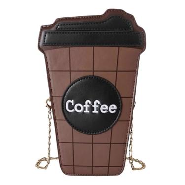 Imagem de QHMCEXG Bolsa tiracolo feminina pequena, marrom, exclusiva, moderna, divertida, em forma de xícara de café, de couro vegano, com corrente dourada, bronze, Bronze