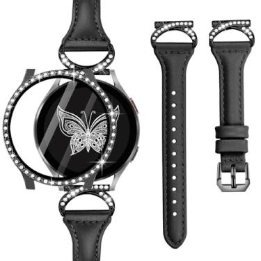 Imagem de Watbro Pulseira de couro genuíno com capa compatível com Samsung Galaxy Watch 4, 5e 6 de 40 mm e 44 mm com capa protetora de tela com glitter, pulseira de relógio feminina de couro de 20 mm