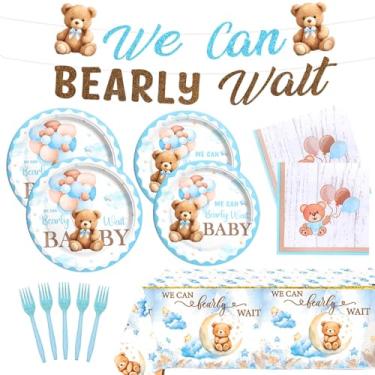 Imagem de Hombae Decorações Para Chá De Bebê We Can Bearly Wait, Suprimentos Para Festa De Chá De Bebê De Ursinho De Pelúcia Para Meninos, Faixa Temática De Urso Azul, Toalha De Mesa, Talheres Descartáveis, P