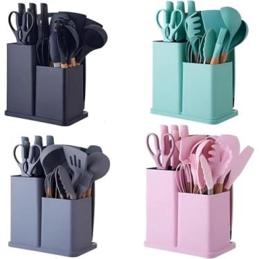 Imagem de Utensilios para Cozinha Silicone Kit com 19 Peças Cabo Madeira Conjunto Completo Espátula Concha Colher Jogo Suporte Faca Antiaderente Tabua Tesoura Faqueiro diversas Cores - DAVEXX® (CINZA)