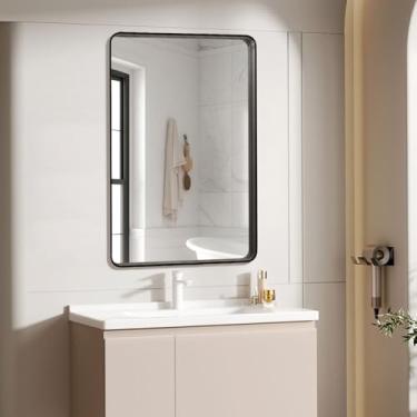 Imagem de miroro 56 cm C x 76 cm L Espelho de banheiro emoldurado de metal preto para parede espelho retangular arredondado antiferrugem, vidro temperado, pendurado horizontal ou verticalmente