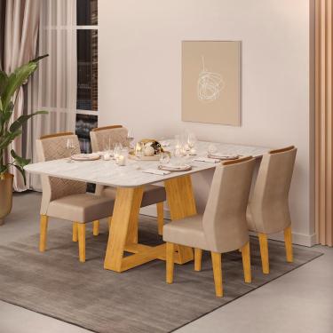 Imagem de Conjunto Sala de Jantar 4 Cadeiras Tampo Sem Vidro 170x90 dj Móveis Kiara Cedro Quartzo Lidia Veludo Kraft
