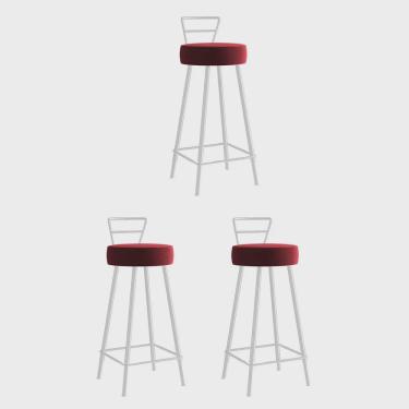 Imagem de Kit 03 Banqueta Alta Com Encosto Tina Eiffel Cozinha Bar Bistrô Ferro Branco Corino Vermelho - Ahazzo Móveis