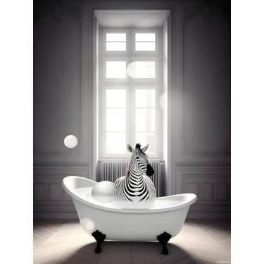 Imagem de HMDIIMGE Kits de pintura de diamante de banheiro para adultos, arte de diamante animal, uma zebra em uma banheira, kits de perfuração completa redonda, artes de pintura de pedras preciosas, para