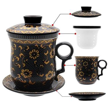 Imagem de Chá de porcelana com tampas de infusor e conjuntos de pires – Caneca de café de cerâmica Jingdezhen chinesa com sistema de preparação de chá de folhas soltas para home office, Calendula Black