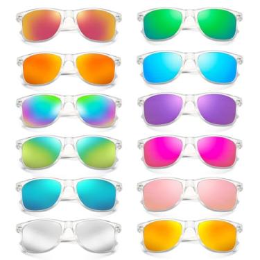 Imagem de Pacote com 12 óculos de sol cor neon clássico armação transparente lentes espelhadas masculino/feminino a granel aniversário praia piscina lembrancinhas de festa