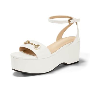 Imagem de Junayuan Sandálias Femininas Plataforma, Salto Grosso, Bico Aberto, Tira No Tornozelo, Sapatos Sociais De Verão Com Fivela De Metal, Brancas, Tamanho 9,5