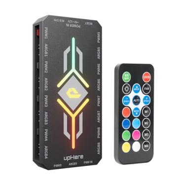 Imagem de upHere Hub de ventilador magnético ARGB endereçável PWM e 5V – Divisor de capa de PC de 1 a 9 portas com controle remoto, hub de resfriamento alimentado por SATA para compilações de PC RGB