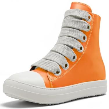 Imagem de IMPREMEY Tênis feminino de cano alto com cadarço de couro sintético com sola grossa e zíper, sapatos de caminhada modernos, Laranja-pu-q, 11.5