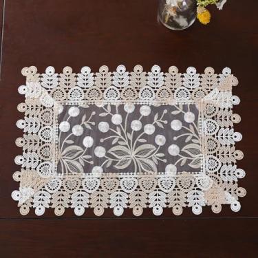 Imagem de Cachecol de mesa de renda bordado macramê redondo transparente com flor requintada vintage chique para decoração de mesa, casamento, jantar em casa (champanhe e branco, 30,5 x 45,7 cm x 2 peças (jogo
