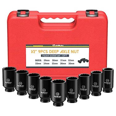 Imagem de Anbull Conjunto de soquetes de impacto de porca de eixo profundo de 9 peças, aço CR-Mo, design de 12 pontos, tamanhos métricos (29, 30, 31, 32, 33, 34, 35, 36, 38 mm)