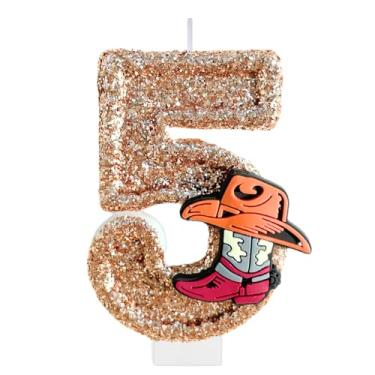 Imagem de Velas número de aniversário para bolo, vela número 5 de caubói, decorações de bolo de rodeio para meninos, topo de bolo de chapéu, enfeite de cupcake para botas para festas de aniversário ocidentais