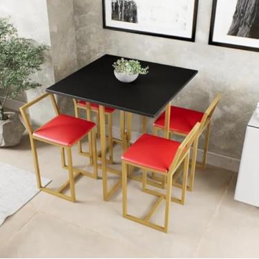 Imagem de Conjunto Mesa Preta 4 Cadeiras Pequena Estofado Industrial Dourado (Vermelho)
