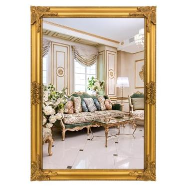 Imagem de TRAHOME Espelho dourado vintage para parede, 71 cm x 101 cm, espelho barroco decorativo antigo com moldura de metal imitado, espelho decorativo de parede ornamentado para entrada, lareira, sala de