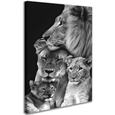 Imagem de Quadro Decorativo Família de Leões 02 Filhotes Tela Canvas Preto e Branco 90x60