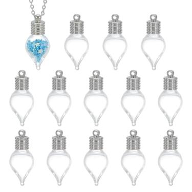 Imagem de FINGERINSPIRE Pingente de garrafa de vidro em gota de água, 14 peças, 0,45 polegadas de largura de platina, pingente de tampa de rosca transparente, colar de frasco para pendurar garrafas de desejos