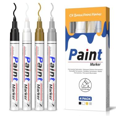 Imagem de Marcadores de tinta - 4 cores canetas permanentes à base de óleo, douradas, prateadas, preto e branco, marcadores de caneta de tinta para metal, plástico, tecido, madeira, vidro, rocha, à prova d'água
