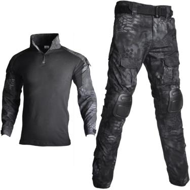 Imagem de Camuflagem tática Roupas uniformes militares Termo de ventos do exército Airsoft Camisa de combate + calça de carga, Python preto, 3xl