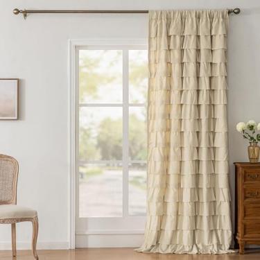 Imagem de Cortina de babados bege com 239 cm de comprimento, 1 painel, cortina de babados cigana gasta chique para sala de estar, bolso de haste, privacidade com filtro de luz, semitransparente, boho, babados