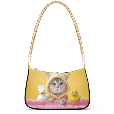 Imagem de Yellow Ducks on Blue Phone Wallet Purse Hobo Designer Bag Women Handbags Shoulder Strap Moon Ladies Shoulder Bag, Gato engraçado pato