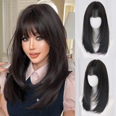 Imagem de 7JHH WIGS Peruca Longa, Lisa, Preta, Sintética, Em Camadas, Com Franja, 22 Polegadas, Castanho Chá, Para Mulheres, Festa, Cospaly E Uso Diário