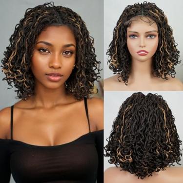 Imagem de MISS FANCY Peruca Frontal Trançada 4X4 Para Mulheres Negras E Meninas, 13" Loiras Com Mechas, Dreadlocks Trançados, Tranças Box Cabelo De Bebê, Mechas Sintéticas, Afro Onduladas Sem Cola, Use Leve