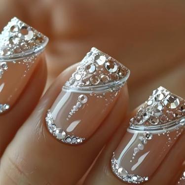 Imagem de RTKHFZE Unhas Postiças De Acrílico Francesas, Médias, Quadradas, Com Glitter, Desenhos E Strass, Cobertura Total, Cola Artificial, Bastão Natural Para Mulheres, 24 Peças