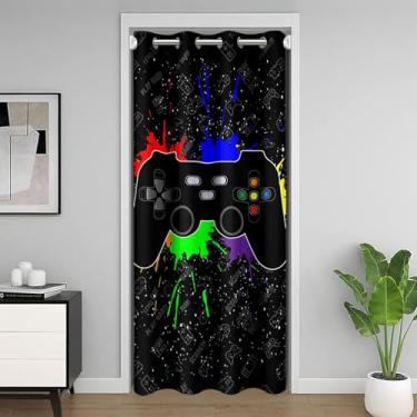 Imagem de Castle Fairy Cortina de porta gamepad aquarela para controle de jogos 106,7 cm L x 213,4 cm C para decoração de quarto colorido grafite moderno gamer cortina blackout para meninas meninos e crianças