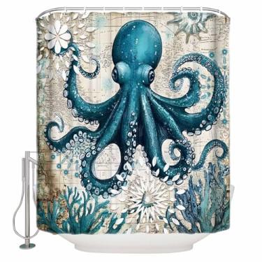 Imagem de Cortina de chuveiro de polvo para banheiro 183 cm x 183 cm, cortina de chuveiro azul-petróleo polvo oceano coral estrela do mar com ganchos poliéster impermeável decoração de banheira para casa