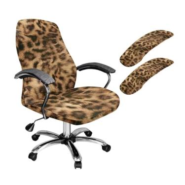 Imagem de Fipuivrn Conjunto de 3 capas de cadeira de escritório com estampa de leopardo marrom, removíveis, para cadeira de computador, respirável, giratória, resistente à água, capa de assento alto com apoio