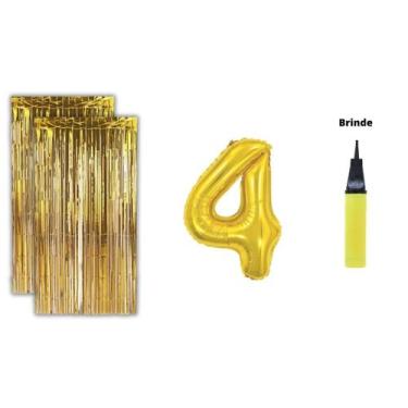 Imagem de Kit 2 Cortinas Metalizadas Balão Número+Bomba de Ar-Dourado - Partiufe