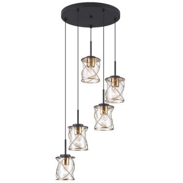 Imagem de mavcadonf Luminária Para Ilha De Cozinha, Conjunto 5 Luminárias Pendentes, Lustre Escada, Sala Jantar, Estar Linear Moderna Com Hastes Ajustáveis, Preto Fosco Dourado
