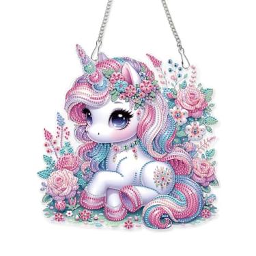 Imagem de Decoração suspensa com pintura de diamante de unicórnio – Kit de arte de diamante grande DIY 5D para adultos, fantasia rosa unicórnio descansando em prado floral, enfeite de parede de 24,5 x 25 cm