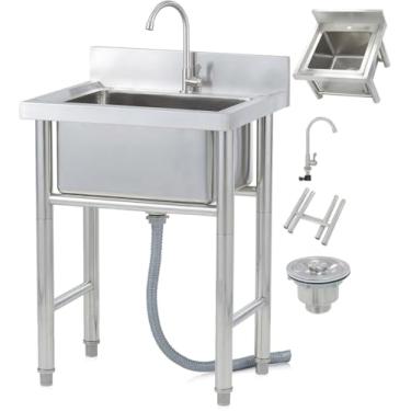 Imagem de Pia De Restaurante Comercial Pia Dupla De Aço Inoxidável Pia De Utilidade Livre Pia De Garagem Industrial Com 2 Compartimentos Para Oficina Interna Externa Com Tor, 23.6in×23.6in×31.5in