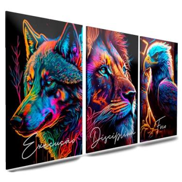 Imagem de Kit 3 Quadro Decorativo Sala Quarto Leão Águia Lobo Motivacional Disciplina Foco Execução (02)