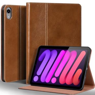 Imagem de Gexmil Capa de couro para iPad mini 7 (A17 Pro) 2024 / iPad mini 6 geração 2021 8,3 polegadas, capa de couro de vaca premium com suporte ajustável, despertar/hibernar automaticamente, marrom amarelo
