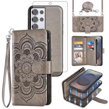 Imagem de Capa de celular para Samsung Galaxy S25 Ultra 5G com zíper carteira celular com protetor de tela de vidro temperado alça transversal alça de flores porta-cartões S25Ultra 25S S 25 25Ultra 6,9 2025