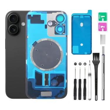 Imagem de Substituição de vidro traseiro para iPhone 16 vidro traseiro + lente da câmera + ímã + suporte de peça de ferro com kit de ferramentas de reparo (preto)