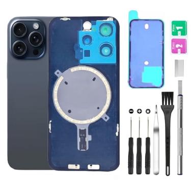 Imagem de Substituição de vidro traseiro traseiro para iPhone 15 Pro Max vidro traseiro + lente da câmera + ímã + suporte de peça de ferro com kit de ferramentas de reparo (azul)
