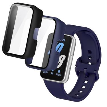 Imagem de Pacote com 2 capas protetoras de tela para Samsung Galaxy Fit 3, capa protetora completa de vidro temperado para smartwatch Samsung Galaxy Fit 3 para mulheres e homens (preto/azul marinho)