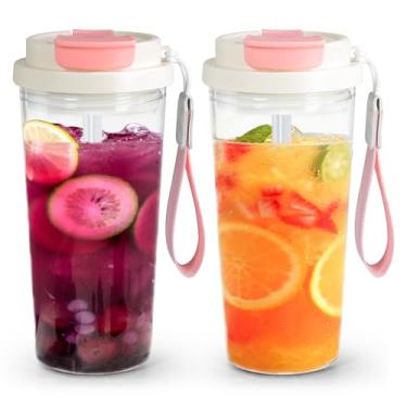 Imagem de Pacote com 2 copos de café de plástico 590 ml, copo de acrílico com tampa e canudo, copo de plástico reutilizável, copo de café gelado para viagem, casa, ciclismo, condução, trabalho, rosa