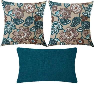 Imagem de Kit 3 Almofadas Composê Maxi Floral Bege e Liso Verde Escuro Impermeáv