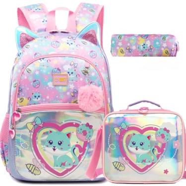 Imagem de ZBAOGTW Mochilas escolares fofas para meninas, mochila escolar para meninas, mochila escolar leve com lancheira, Gato rosa
