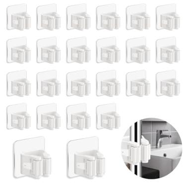 Imagem de 3-H Pacote com 24 suportes autoadesivos de parede – Organizador de vassoura resistente sem broca para garagem, armário, cozinha, rack de armazenamento de plástico para vassouras, ferramentas de