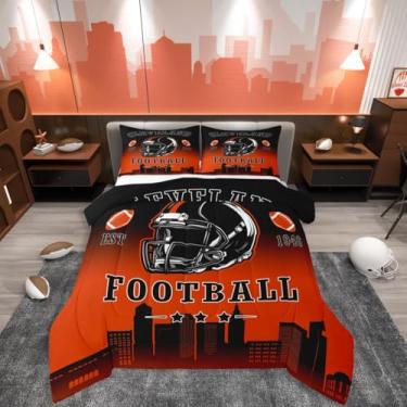 Imagem de Erosebridal Jogo de cama com edredom de futebol americano, cidade, rúgbi, preto, laranja, ombré, tamanho solteiro, para decoração de quarto de crianças, meninos, adolescentes e adultos, edredom com